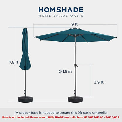 9ft Outdoor Patio Umbrella - Market Table Pool Deck Umbrella UPF50+ UV Protection with Push Button Tilt, Crank and 8 Sturdy Ribs (Peacock Blue, No base)