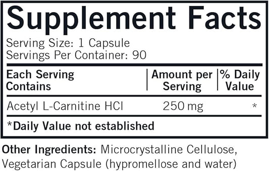 Kirkman - Acetyl L-Carnitine 250 mg - 90 Capsules - Supports Sustained Cellular Energy Production - Hypoallergenic