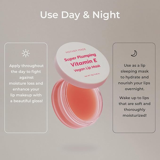MOTHER MADE Vitamin E Vegan Lip Mask Lip Care Balm,with Organic Shea Butter, Natural Oils, Vegan Collagen, Gifts for Women, Korean Skin Care, 0.46 fl.oz.