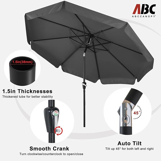 ABCCANOPY Patio Umbrella 10ft, Outdoor Table Umbrella with Push Button Tilt and Crank, 8 Ribs Umbrella for Patio Pool Garden Deck (Dark Gray)