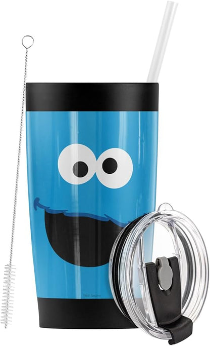 LOGOVISION Sesame Street Cookie Monster Face Stainless Steel Tumbler with Straw and Flip Lid 20 oz, Vacuum Insulated & Double Wall with Leakproof Dual Lid | Great for Iced Coffee and Hot Beverage