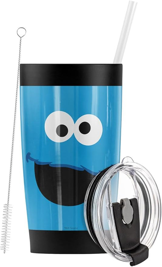 LOGOVISION Sesame Street Cookie Monster Face Stainless Steel Tumbler with Straw and Flip Lid 20 oz, Vacuum Insulated & Double Wall with Leakproof Dual Lid | Great for Iced Coffee and Hot Beverage