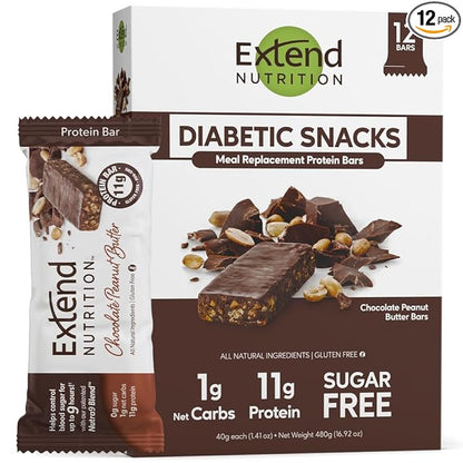 Extend Sugar Free Protein Bars, Perfect Diabetic Snacks, High Protein and Fiber, Hunger Control & Steady Energy, Low Carb, Keto Friendly, Chocolate Peanut Butter, 12 Count