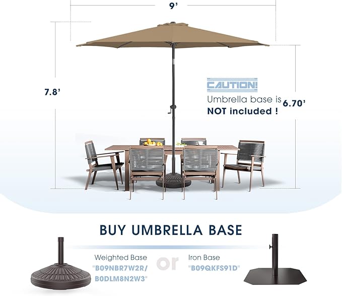 wikiwiki 9 FT Patio Umbrellas Outdoor Table Market Umbrella with Push Button Tilt/Crank, 8 Sturdy Ribs, Fade Resistant Waterproof POLYESTER DTY Canopy for Garden, Lawn, Deck, Backyard & Pool, Tan