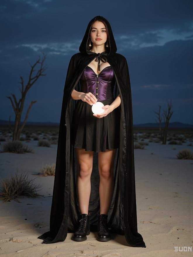 Unisex Adult Black Witch Cape Full Length Hooded Robe Cloak Halloween Dress Up Parties