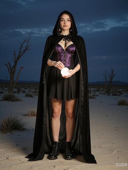 Unisex Adult Black Witch Cape Full Length Hooded Robe Cloak Halloween Dress Up Parties