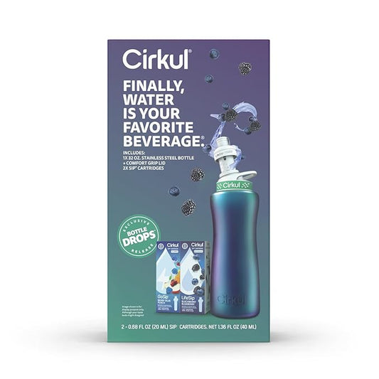 Cirkul 32oz. Chameleon Stainless Steel Water Bottle Starter Kit with Green Lid, 2 Flavor Cartridges (1 LifeSip Blackberry Blueberry, 1 GoSip Berry Blue Punch) Zero Calories and No Sugar