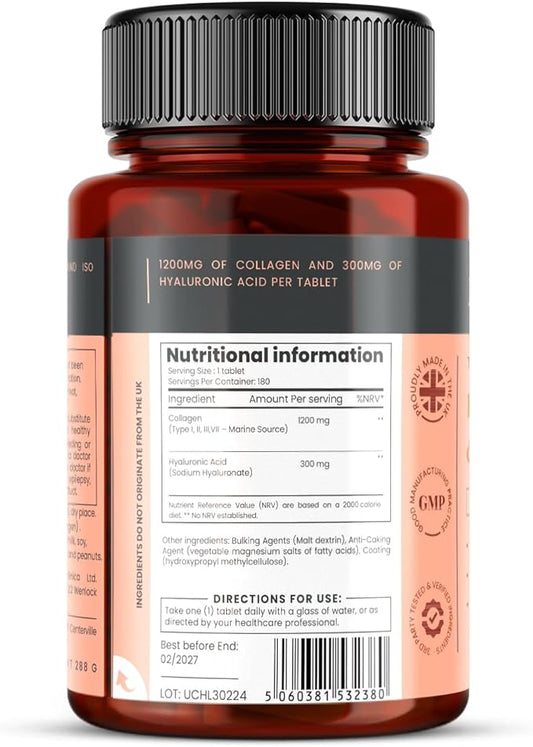 pureclinica Triple Strength Marine Collagen & Hyaluronic Acid – 1500mg per Tablet | 720 Tablets (4 Bottles of 180) | Supports Skin, Joints & Hydration