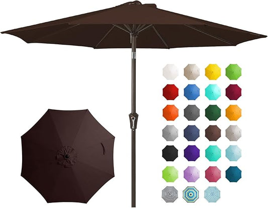 JEAREY 9FT Outdoor Patio Umbrella Outdoor Table Umbrella with Push Button Tilt and Crank, Market Umbrella 8 Sturdy Ribs UV Protection Waterproof for Garden, Deck, Backyard, Pool (Brown)