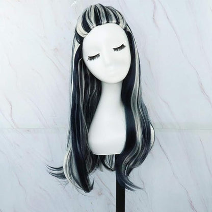 Monster Frankie Stein Wig High School Frankie Stein Cosplay Black And White Wig with Ponytail Long Straight Heat Resistant Costume Wig