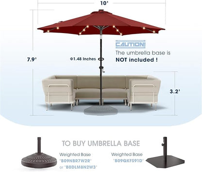 wikiwiki 10ft Solar Led Patio Umbrella, Sturdy Outdoor Market Umbrella for Deck, Pool, Garden w/Tilt, Crank, 32 LED Lights, Burgundy Red