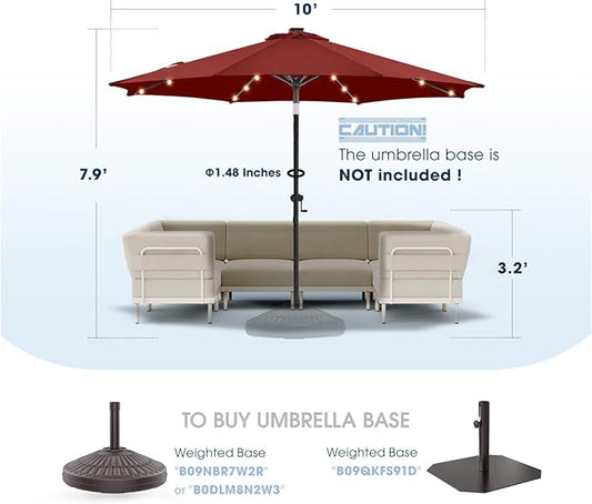 wikiwiki 10ft Solar Led Patio Umbrella, Sturdy Outdoor Market Umbrella for Deck, Pool, Garden w/Tilt, Crank, 32 LED Lights, Burgundy Red