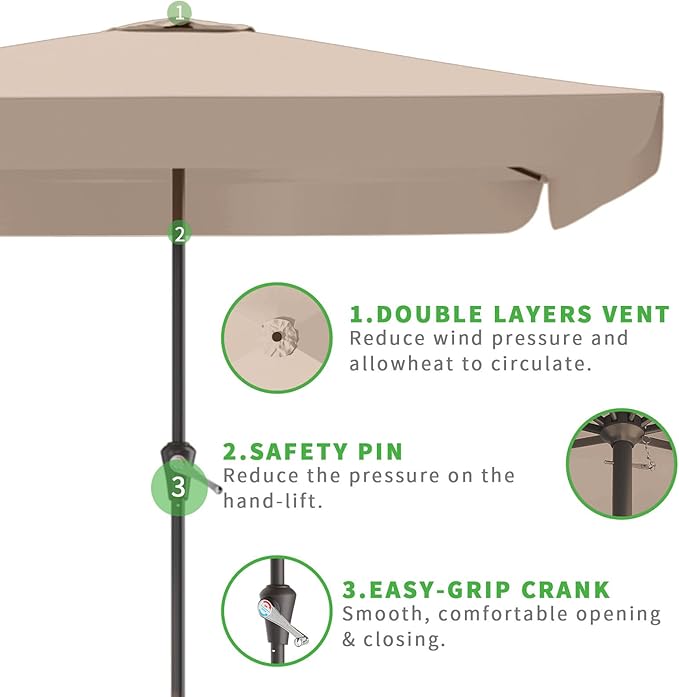 8 * 10FT Rectangular Patio Umbrella Table Market Umbrella w/Crank Outdoor Umbrellas for Garden, Deck, Backyard, Pool and Beach, Beige