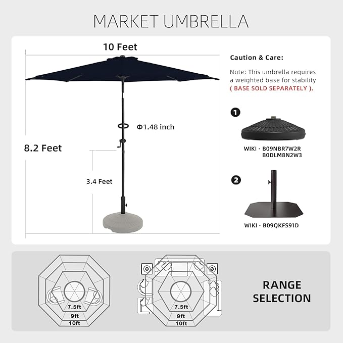 wikiwiki 10 FT Patio Umbrellas Outdoor Table Market Umbrella with Push Button Tilt/Crank, 8 Sturdy Ribs, Fade Resistant Waterproof POLYESTER DTY Canopy for Garden, Lawn, Backyard & Pool, Navy Blue