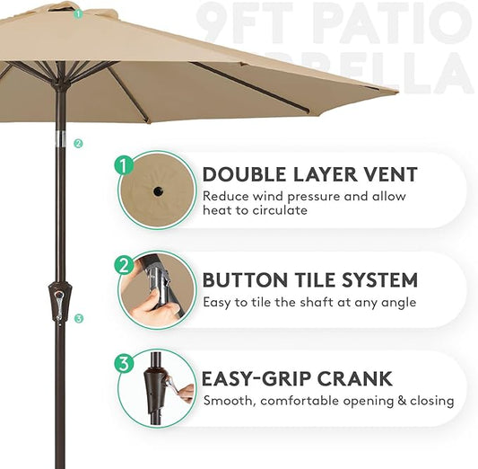 JEAREY 9FT Outdoor Patio Umbrella Outdoor Table Umbrella with Push Button Tilt and Crank, Market Umbrella 8 Sturdy Ribs UV Protection Waterproof for Garden, Deck, Backyard, Pool (Deep Tan)