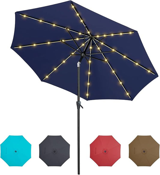 Tempera Solar Patio Umbrella 40 LED Lighted Outdoor Umbrella Table Market Umbrella with Push Button Tilt and Crank, Solar Umbrella with Sturdy Pole&Fade Resistant Canopy, Easy to Set