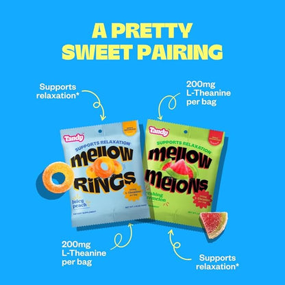 Tandy Mellow Melons & Mellow Rings L-Theanine Gummies I Relaxation Gummies with Watermelon & Peach Flavors I Calming Gummies for Adults I Gluten-Free Fast-Acting Dietary Supplement Gummy I 6-Pack
