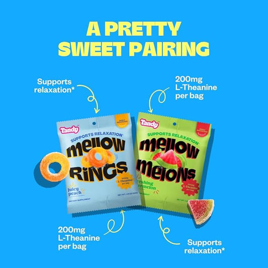 Tandy Mellow Melons & Mellow Rings L-Theanine Gummies I Relaxation Gummies with Watermelon & Peach Flavors I Calming Gummies for Adults I Gluten-Free Fast-Acting Dietary Supplement Gummy I 6-Pack