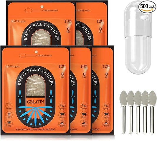 Size 0 Gel Capsules Empty, 500 Count Gelatin Empty Pill Capsules with 5 Micro Lab Spoons, Fillable Capsules for Powder, Pill Maker, Clear Capsules Empty