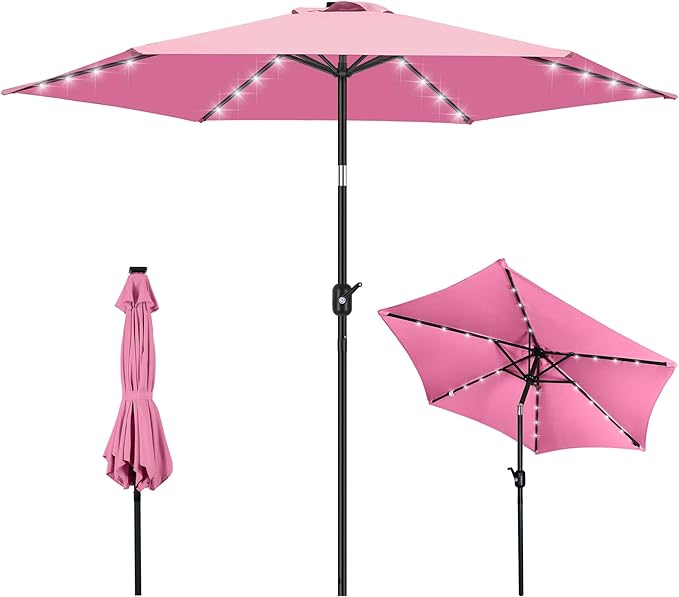 FRUITEAM Solar Lights Patio Umbrella, 7.5FT Heavy Duty Outdoor Umbrella with High-Strength Frame & LED Lights, All-Weather UV Protection Sun Shade for Poolside, Garden, Backyard (Pink)