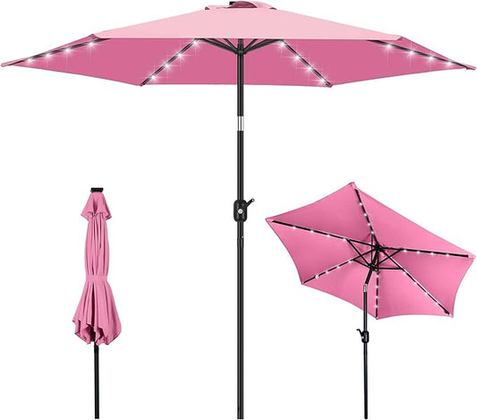 FRUITEAM Solar Lights Patio Umbrella, 7.5FT Heavy Duty Outdoor Umbrella with High-Strength Frame & LED Lights, All-Weather UV Protection Sun Shade for Poolside, Garden, Backyard (Pink)