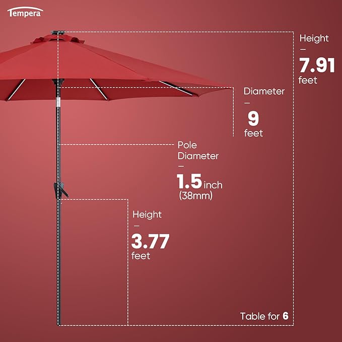 Tempera Solar Patio Umbrella 40 LED Lighted Outdoor Umbrella Table Market Umbrella with Push Button Tilt and Crank, Solar Umbrella with Sturdy Pole&Fade Resistant Canopy, Easy to Set
