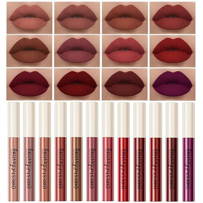 QiBest 12Pcs Matte Liquid Lipstick Set for Girls & Women, 24 Hours Long Lasting Waterproof Nude & Dark Red Lip Gloss Makeup Gift Kits, Velvet Non-Stick Cup Mate Duracion 24 Horas Originales Lip Stains