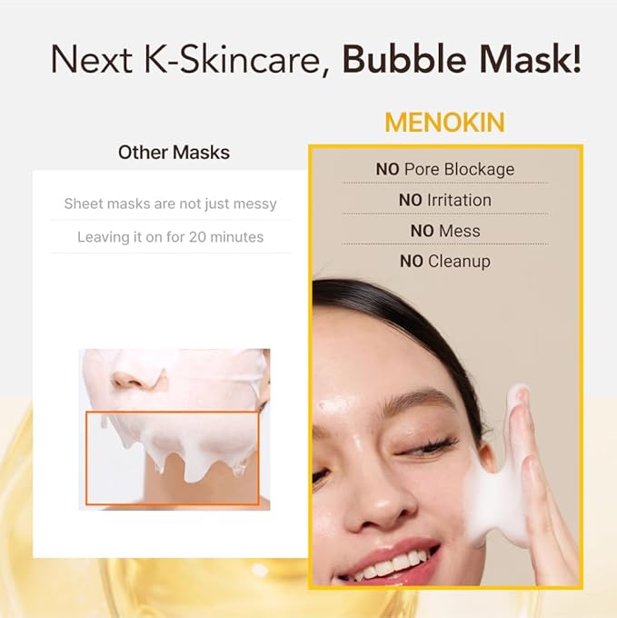MENOKIN 30 Seconds Quick Bubble Mask [BRIGHT] - [Vitamin C] [Glutathione & Niacinamide] in Micro-bubbles for Dark Spots, Uneven Skin Tone, Korean Skin Care Essential, 70 Uses, 3.21 fl.oz