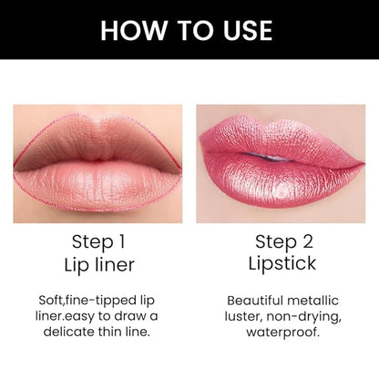 2-in-1 Pink Lip Liner & Lipstick Set Kit for Women, Metallic Lips Kit with Lip Liner Lip Stains Long Lasting Waterproof 24 Hour Lipstick and Lip Liners Combo Lipliners Pencil Set 20