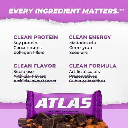 Atlas Protein Bar, 20g Protein, 1g Sugar, Clean Ingredients, Gluten Free (Dark Chocolate Almond, 12 Count (Pack of 2))