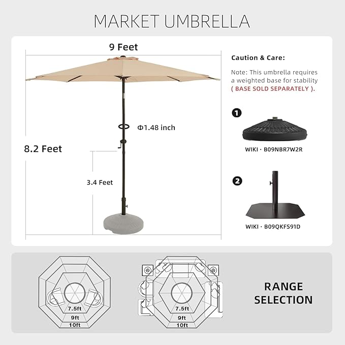 wikiwiki 9 FT Patio Umbrellas Outdoor Table Market Umbrella with Push Button Tilt/Crank, 8 Sturdy Ribs, Fade Resistant Waterproof POLYESTER DTY Canopy for Garden, Lawn, Backyard & Pool, Cream Beige