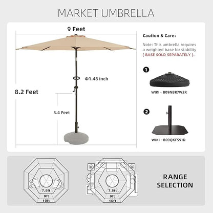 wikiwiki 9 FT Patio Umbrellas Outdoor Table Market Umbrella with Push Button Tilt/Crank, 8 Sturdy Ribs, Fade Resistant Waterproof POLYESTER DTY Canopy for Garden, Lawn, Backyard & Pool, Cream Beige