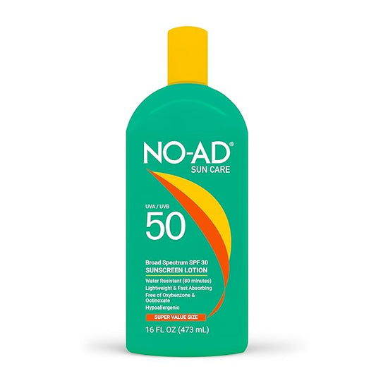 NO-AD SPF 50 Sunscreen Lotion | Hypoallergenic | Broad Spectrum UVA/UVB Protection | Water Resistant | Octinoxate & Oxybenzone Free with moisturizing Vitamin E and Aloe 16oz | Pack of 2