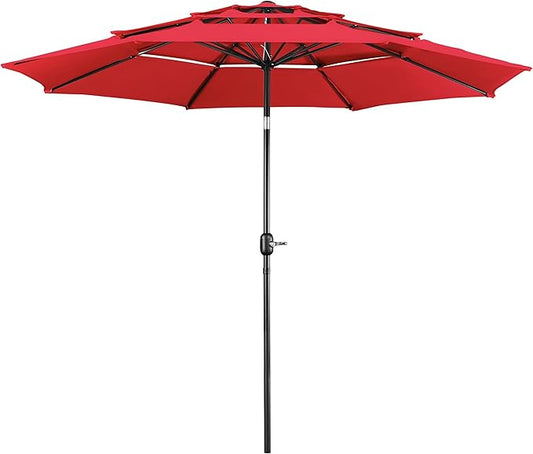Yaheetech 3 Tier Patio Umbrella 10ft Vented Outdoor Large Market Table Umbrella with 8 Sturdy Ribs and 1.5" Umbrellla Pole, Double-layer Cloth & Push-button Tilting & Crank for Pool/Garden/Lawn Red