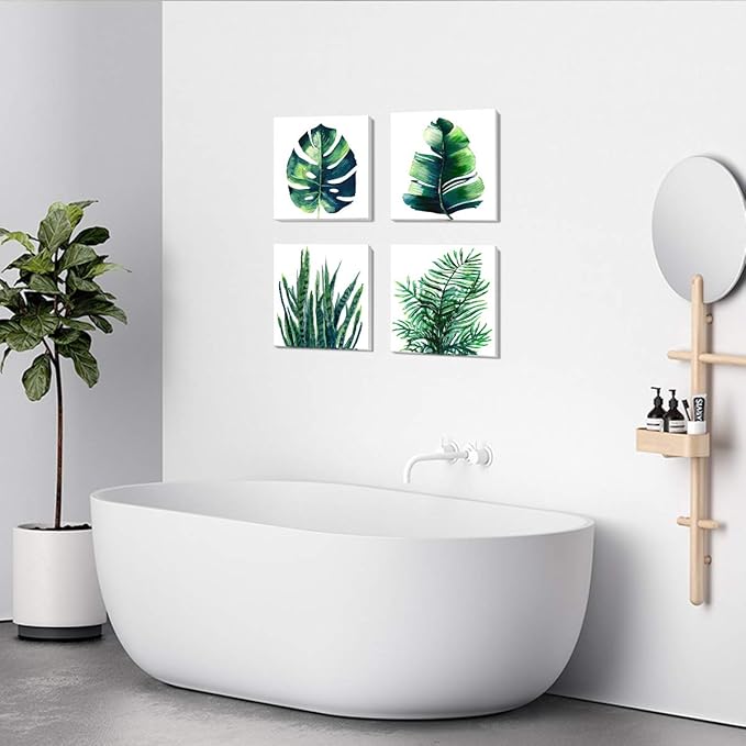 Boho Tropical Wall Art Bathroom Decor Green Plant Pictures Wall Decor for Living Room Minimalist Botanical Leaf Canvas Artworks Kitchen Sage Monstera Framed Poster Bedroom Home Decorations 12x12" 4Pcs
