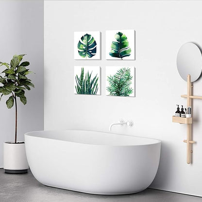 Boho Tropical Wall Art Bathroom Decor Green Plant Pictures Wall Decor for Living Room Minimalist Botanical Leaf Canvas Artworks Kitchen Sage Monstera Framed Poster Bedroom Home Decorations 12x12" 4Pcs