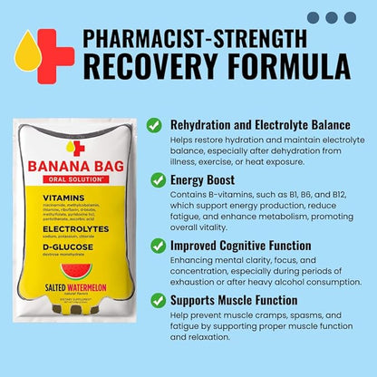 Banana Bag Oral Solution Recovery Packets - I.V. Alternative - Salted Watermelon 30pk: Pharmacist-Formulated for Fast Energy Boost, Rehydration & Wellness. Electrolytes + Vitamin C + Strong B-Complex