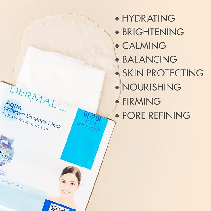 DERMAL Korean Collagen Face Mask – Hydrating & Soothing Sheet Mask with Panthenol – Hypoallergenic Calming Moisture Care for All Skin Types – 32 Combo Pack A+B Set