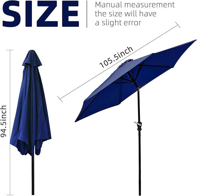 9FT Outdoor Patio Umbrella with Push Button Tilt and Crank, Beach Umbrella for Sun Shades, Market Umbrella with 6 Sturdy Metal Ribs, UV Resistant Waterproof for Garden, Backyard, Deck, Pool