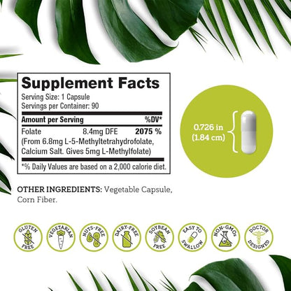DSO L Methylfolate 5mg (5 MTHF Supplement) - 90 Vegan Capsules (5 mg) - Active L Methyl Folate Supplement for Homocysteine Control - Folic Acid Vitamin - Eco-Friendly Packaging