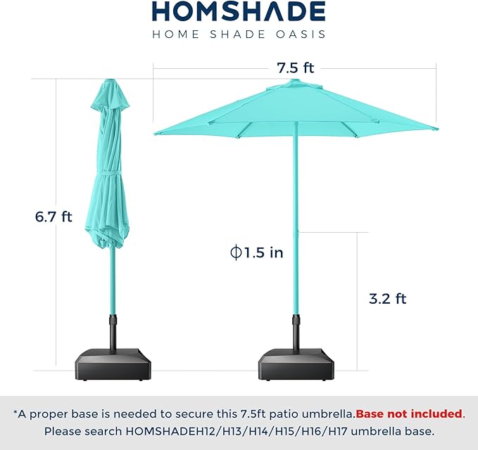 7.5ft Outdoor 1S Push-Up Patio Umbrella - Market Table Pool Deck Umbrella UPF50+ UV Protection with 6 Sturdy Ribs for Balcony, Garden, Lawn, Backyard (Tiffany Blue)