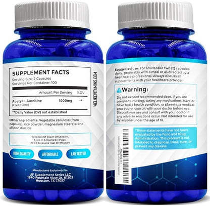 We Like Vitamins Acetyl L-Carnitine 1000mg Capsules - 200 Easy to Swallow Veggie Capsules - Acetyl l Carnitine Supplement Helps Support Focus, Brain Function, and Energy