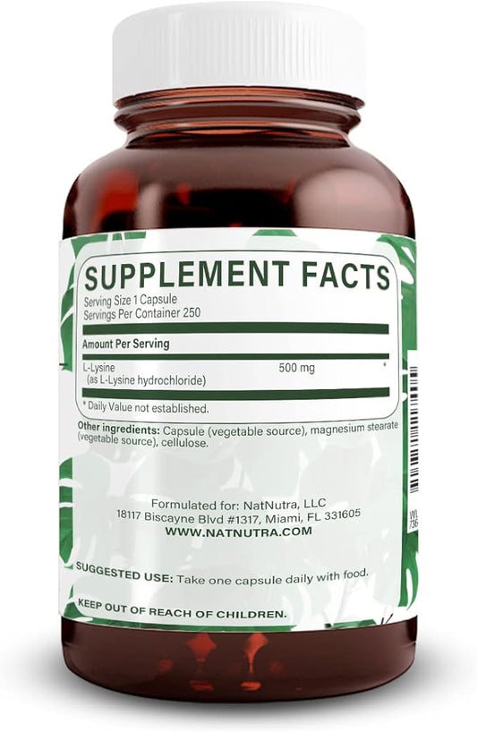 Natural Nutra L Lysine HCl, Promotes Bone Health and Growth, Improve Calcium Absorption, Non-GMO, Vegan, 500 mg, 250 Capsules.