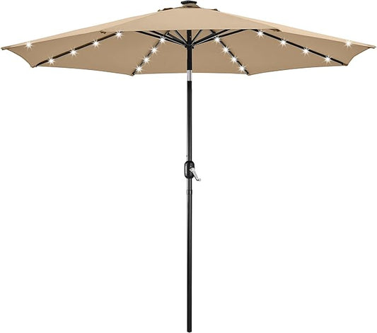 Yaheetech 10FT Solar Powered Patio Umbrella - UV Protection Market Table Umbrella w/ 32 LED Lights & Push Button Tilt & Crank Lift System for Garden/Lawn/Deck/Backyard/Pool,Tan