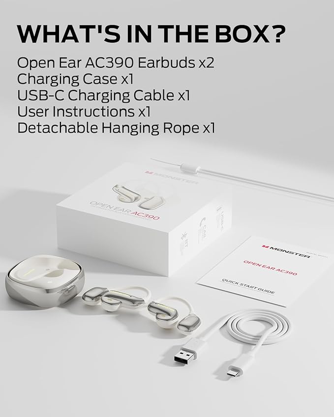 Monster Open Ear AC390 Headphones, Bluetooth 6.0 Earbuds with Stereo Sound, Wireless Headphones 24H Playtime, IPX5 Waterproof, Rotating Charging Case with Lanyard, Ultra-Light Open Ear Earbuds
