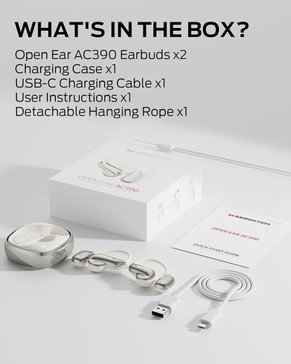 Monster Open Ear AC390 Headphones, Bluetooth 6.0 Earbuds with Stereo Sound, Wireless Headphones 24H Playtime, IPX5 Waterproof, Rotating Charging Case with Lanyard, Ultra-Light Open Ear Earbuds