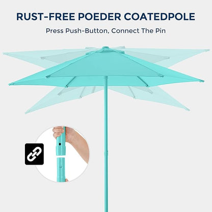 7.5ft Outdoor 1S Push-Up Patio Umbrella - Market Table Pool Deck Umbrella UPF50+ UV Protection with 6 Sturdy Ribs for Balcony, Garden, Lawn, Backyard (Tiffany Blue)