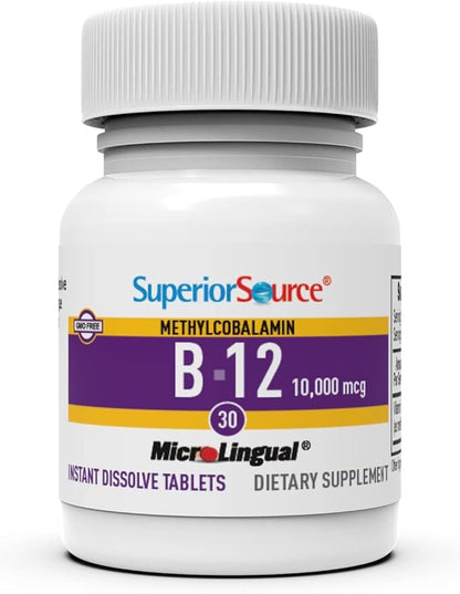 Superior Source No Shot Methylcobalamin B-12 10000 mcg - Vitamin B-12 to Support Energy Production, Brain Health & Overall Wellness - Sublingual Tablets for Quick Absorption - 30 Dissolving Tablets