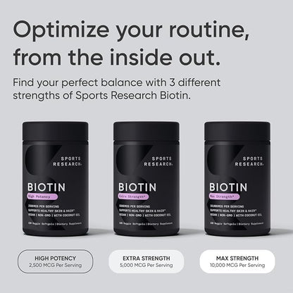 Sports Research Vegan Biotin 5000mcg with Organic Coconut Oil | Extra Strength Biotin Vitamin B7 Supplement for Hair & Skin Support | Non-GMO Verified, Soy Free, Gluten Free - 30 Softgels