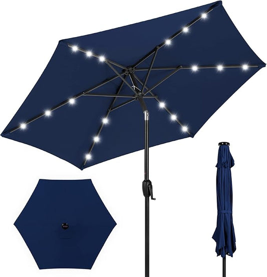 Best Choice Products 7.5ft Outdoor Solar Market Table Patio Umbrella for Deck, Pool w/Tilt, Crank, LED Lights - Navy Blue